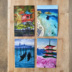 Travel Postcard Set: Venice, Kyoto, Mount Fuji and Coastal Italy