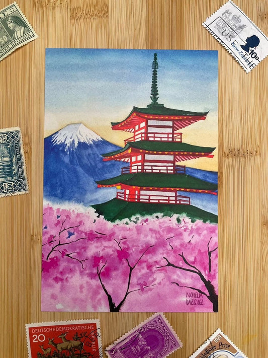 Mount Fuji and Chureito Pagoda with cherry blossoms postcard from the Travel Postcard Set