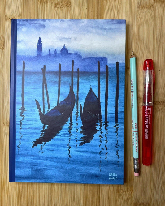 Close-up of the Venice Hardcover Notebook's gondola watercolor cover