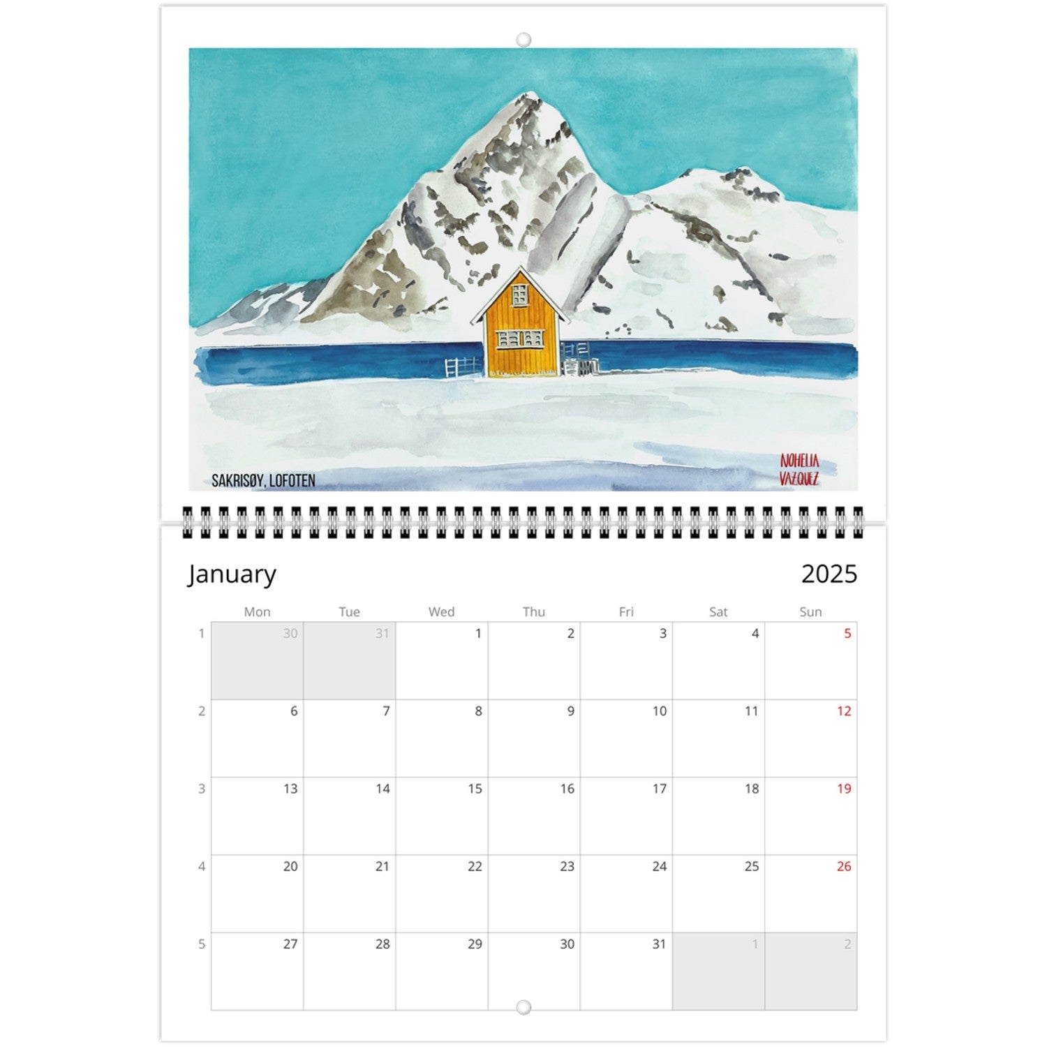 2025 Monthly Wall Art Calendar: Norwegian Landscapes in watercolor