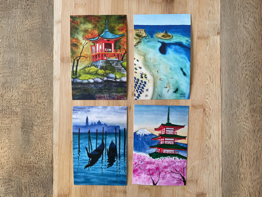 Travel Postcard Set: Venice, Kyoto, Mount Fuji and Coastal Italy