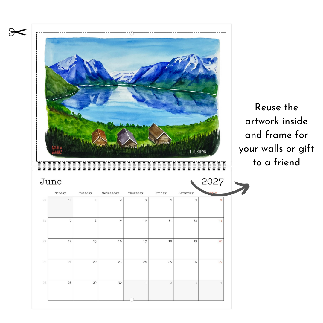 A product listing graphic showing a spiral-bound wall calendar page with a painted mountain lake scene on the front and a blank calendar grid on the back. Text on the right says, 'Reuse the artwork inside and frame for your walls or gift to a friend,' with a scissors icon at top left.