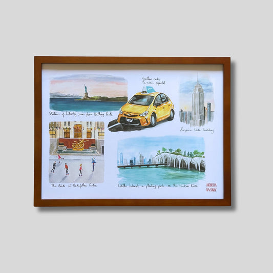 New York City Watercolor Art Print: Statue of Liberty, Empire State
