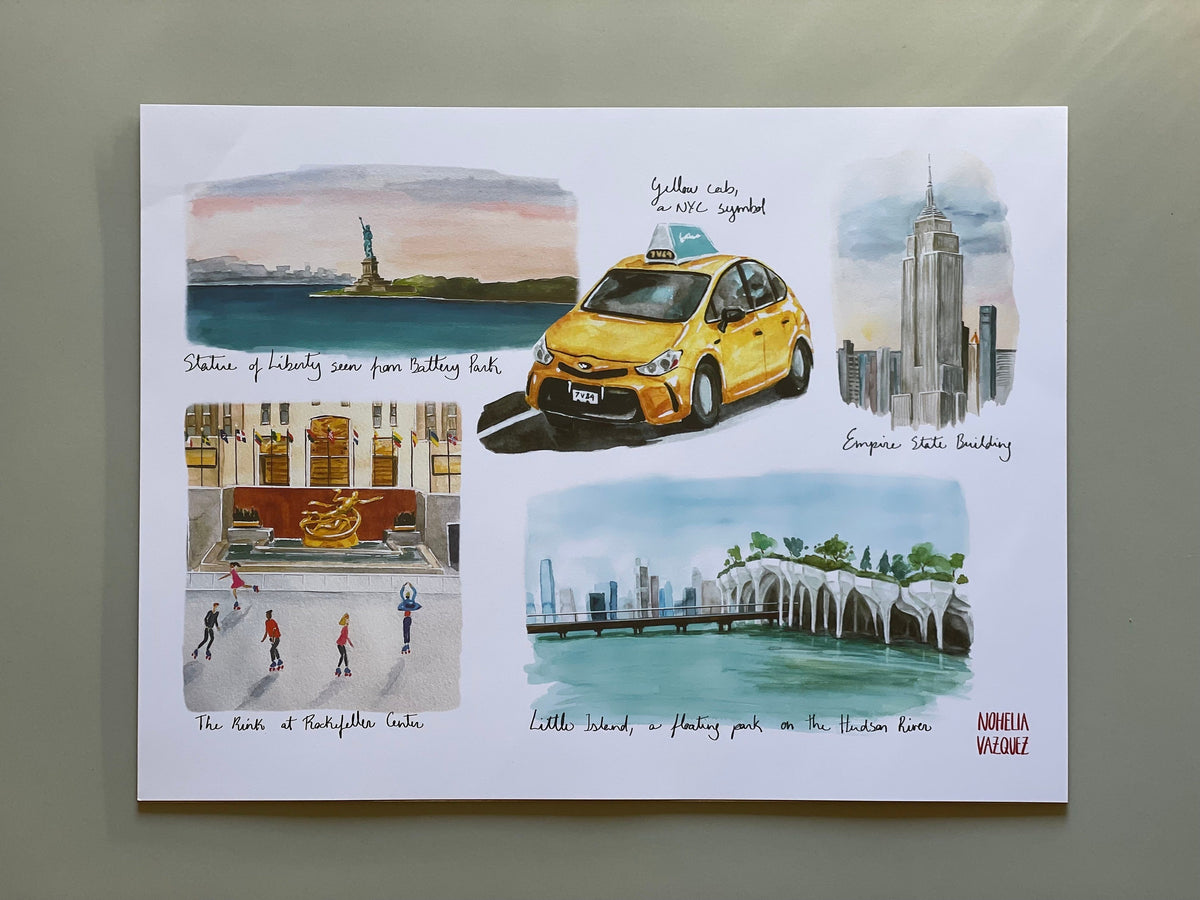 New York City Watercolor Art Print: Statue of Liberty, Empire State