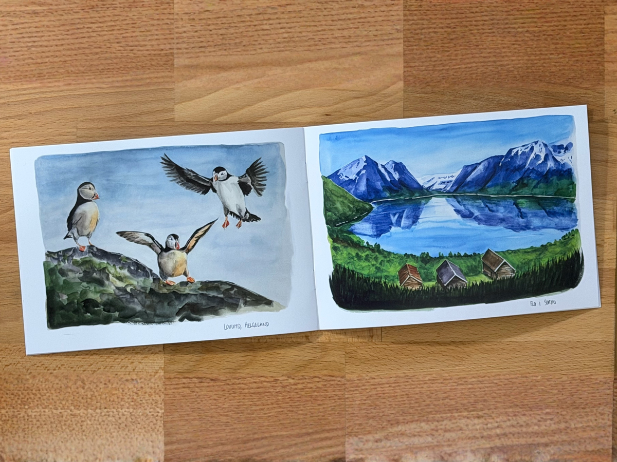 An open watercolor painting book laid flat on a wooden surface, showing two illustrated scenes: puffins on a rocky outcrop on the left, and a mountain lake landscape with small cabins on the right.