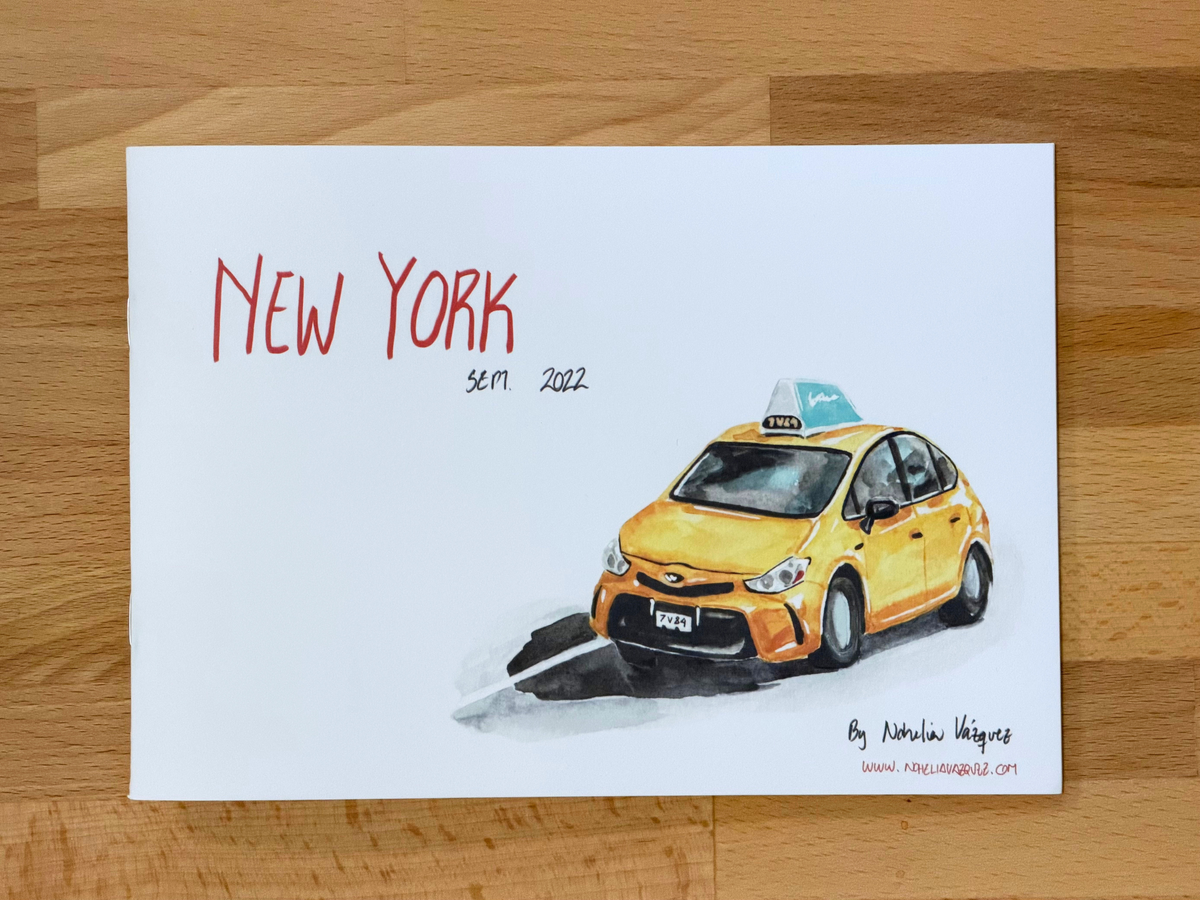 A square art print featuring a watercolor illustration of a yellow taxi in New York, with 'NEW YORK' written in red script and the date '9.22.