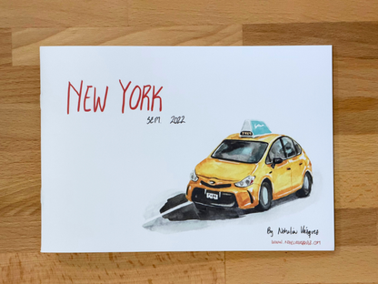 A square art print featuring a watercolor illustration of a yellow taxi in New York, with 'NEW YORK' written in red script and the date '9.22.