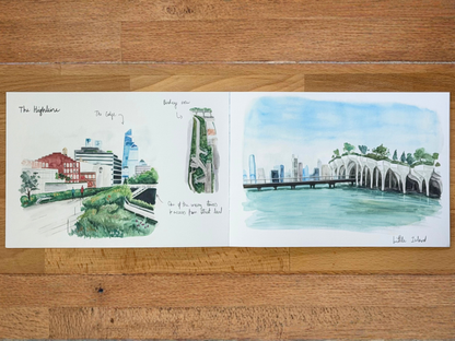 A watercolor sketchbook or art print laid flat on a wooden surface, showing three illustrated panels: a cityscape labeled 'The Highline', and a bridge over water with skyline elements labeled 'The High Line'.